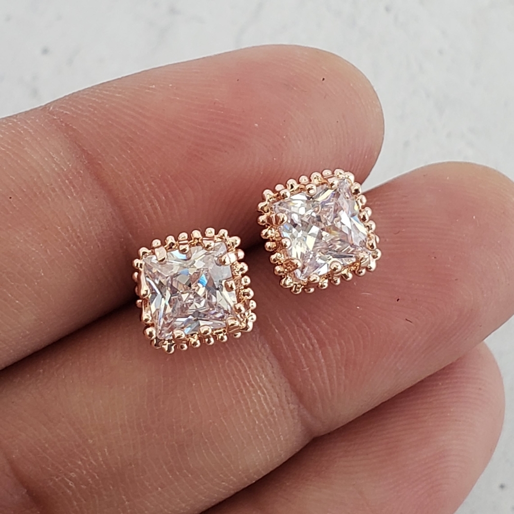 NWOT Cubic Zirconia Stud Earrings, Rose Gold Plated Princess Cut Post Earrings